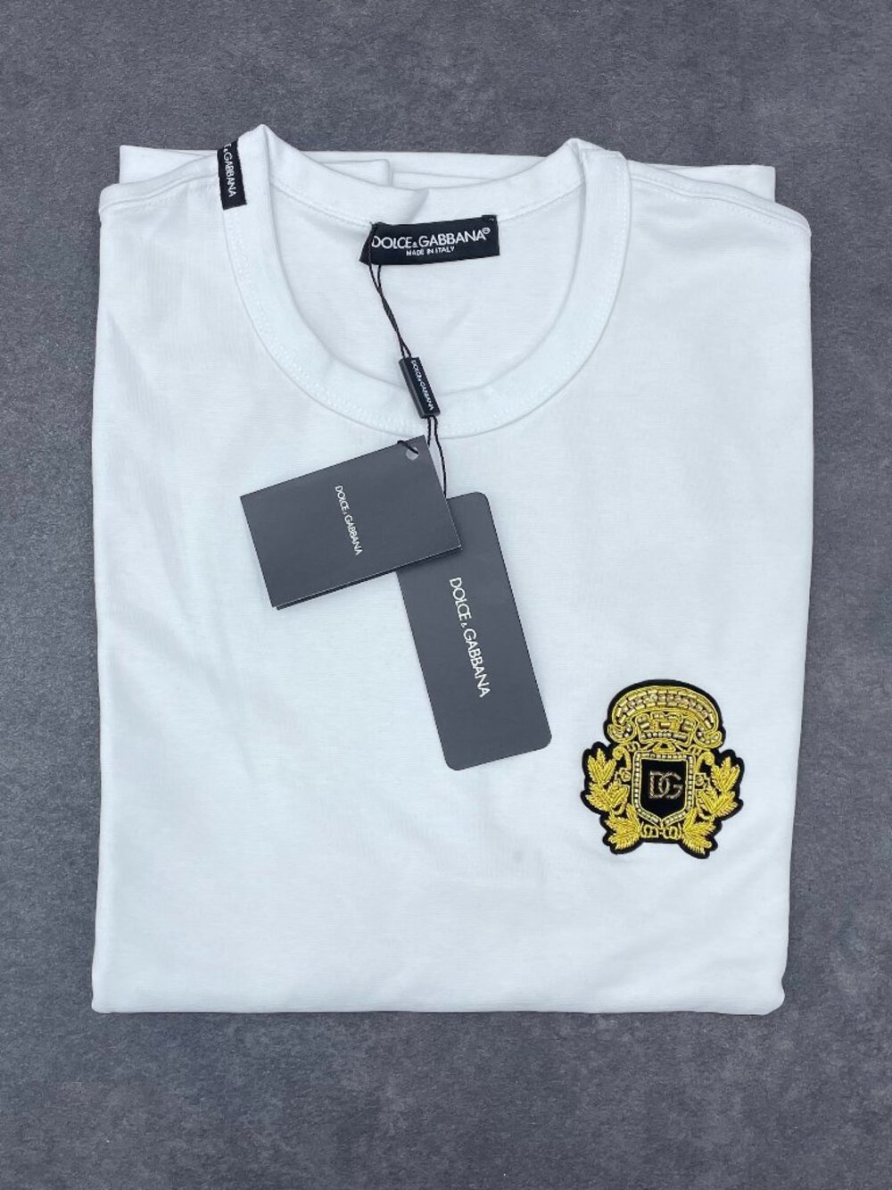 Dolce & Gabbana Men’s White Gold Crest Logo T-Shirt- Size 50 (Large)